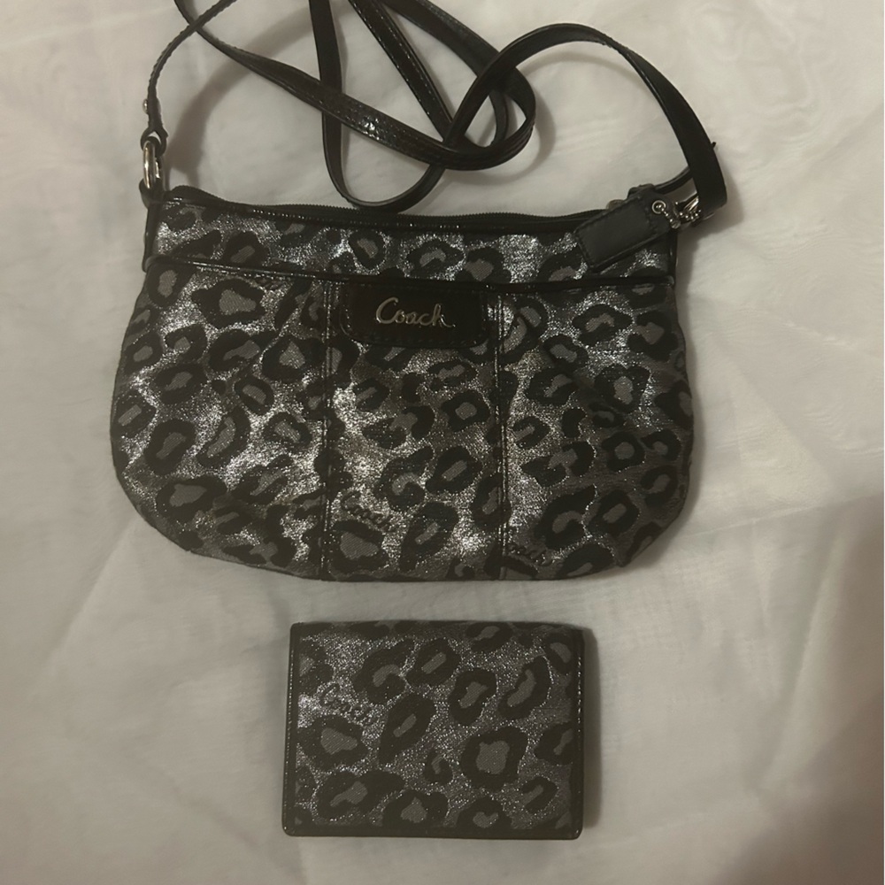Coach Metallic Leopard Crossbody with Matching Card Case - Black/Silver